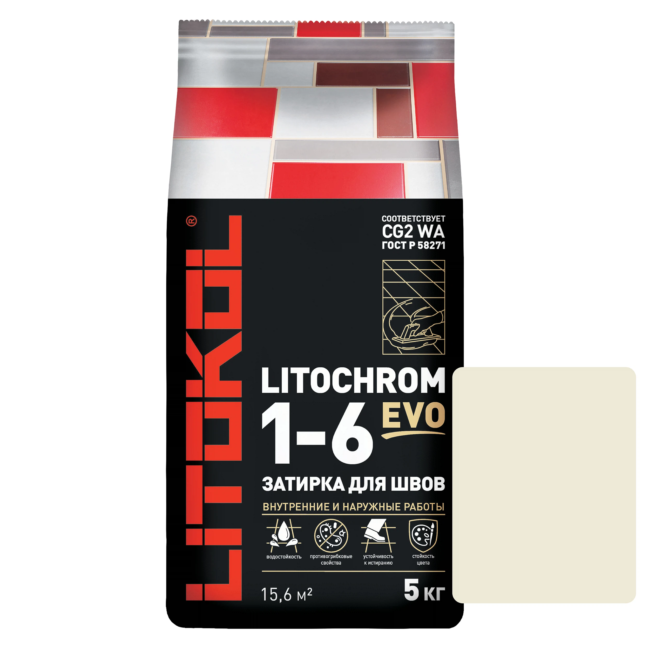 Изображение товара Цементная затирка для межплиточных швов LITOKOL LITOCHROM 1-6 EVO LE.205 Жасмин, 5кг., L0500190003