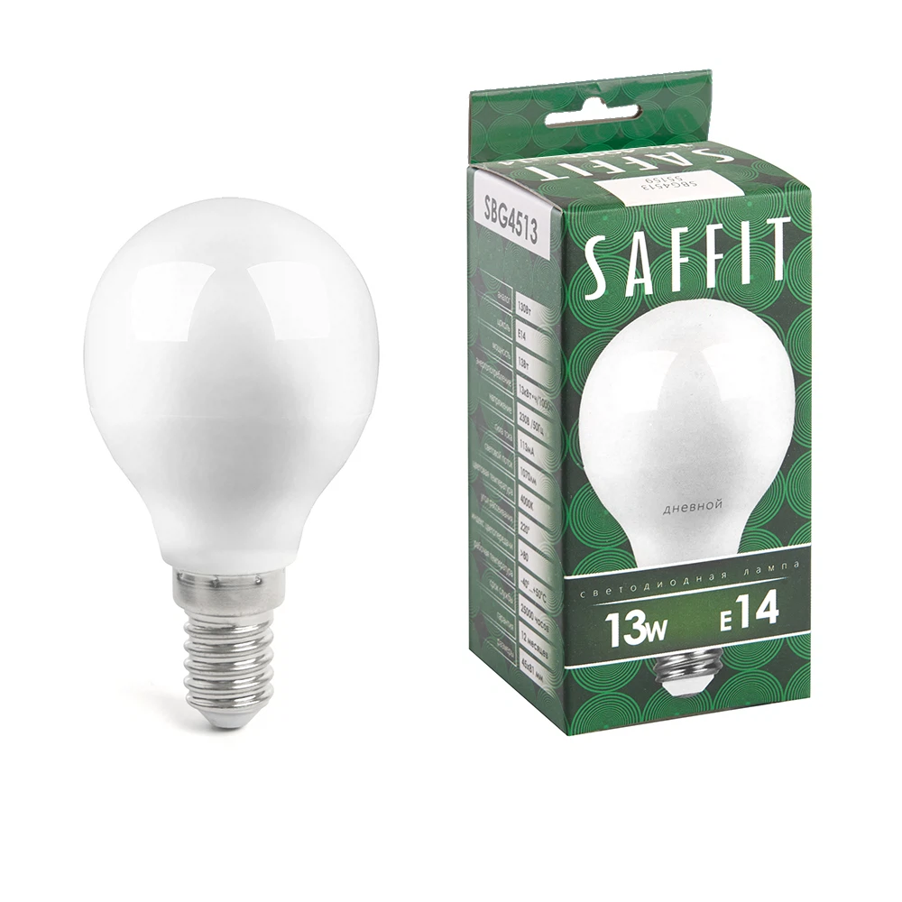 Изображение товара Лампа светодиодная SAFFIT SBG4513 Шарик E14 13W 230V 6400K Изображение товара Лампа светодиодная SAFFIT SBG4513 Шарик E14 13W 230V 6400K