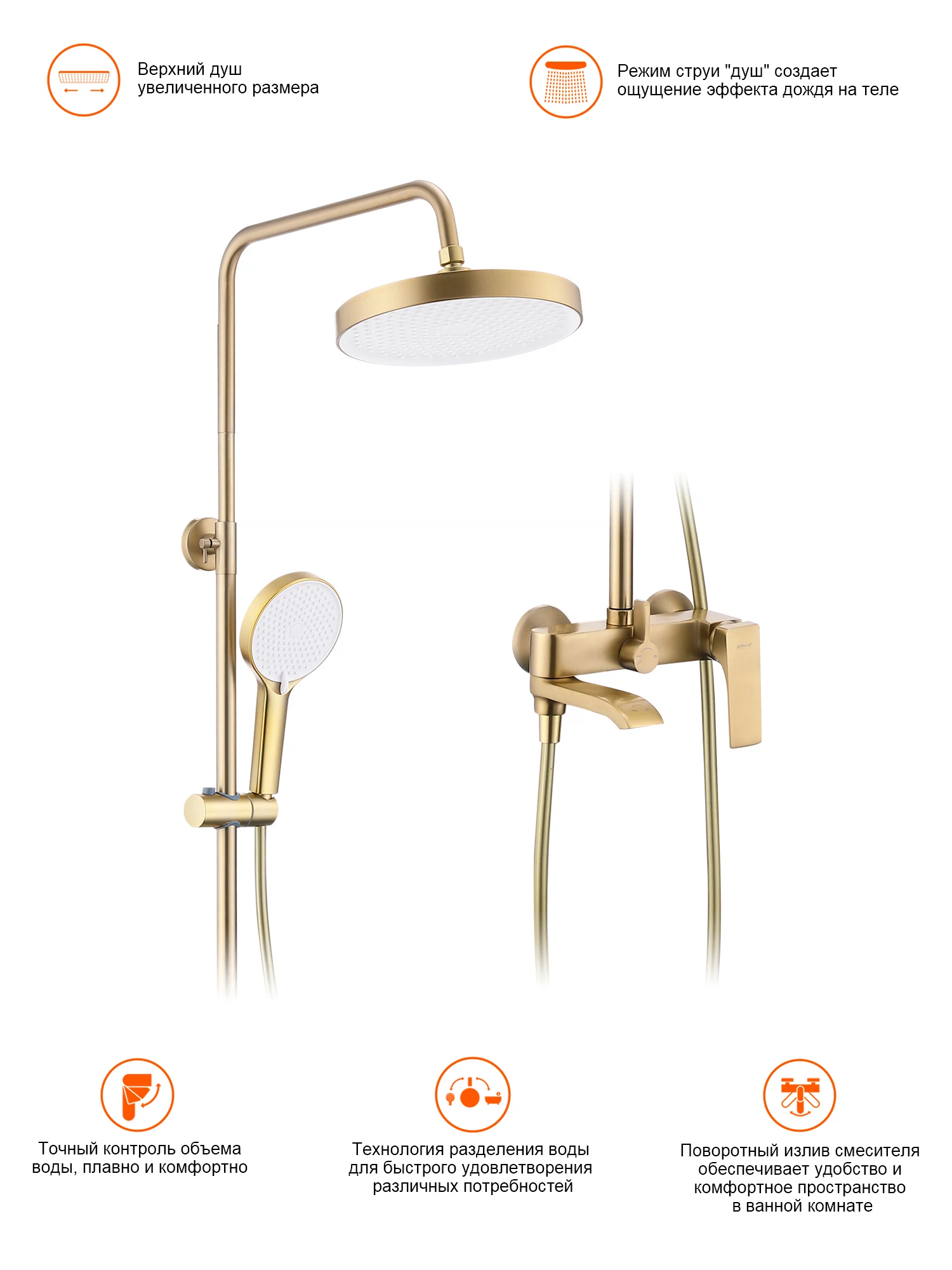 Изображение товара Душевая система Prohanss P61.24.03 с тропическим душем, золотой сатин
