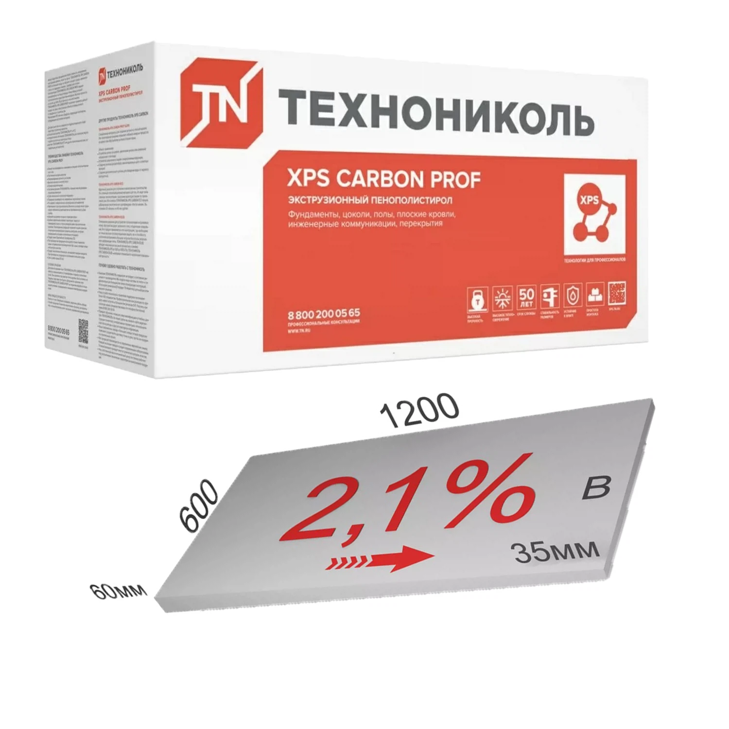 Изображение товара Пенополистирол экструдированный XPS ТЕХНОНИКОЛЬ CARBON PROF SLOPE-2,1%S/2 плита для кровли 600х1200