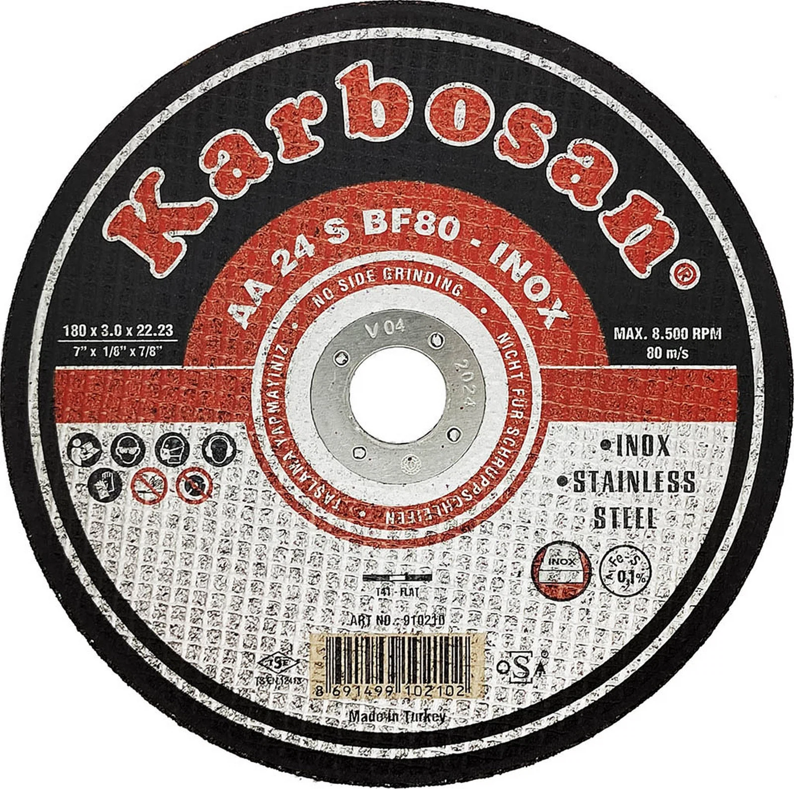 Изображение товара Диск отрезной по металлу и нержавеющей стали "Karbosan" (180х3,0х22) Inox (Арт.910210) AA24SBF80