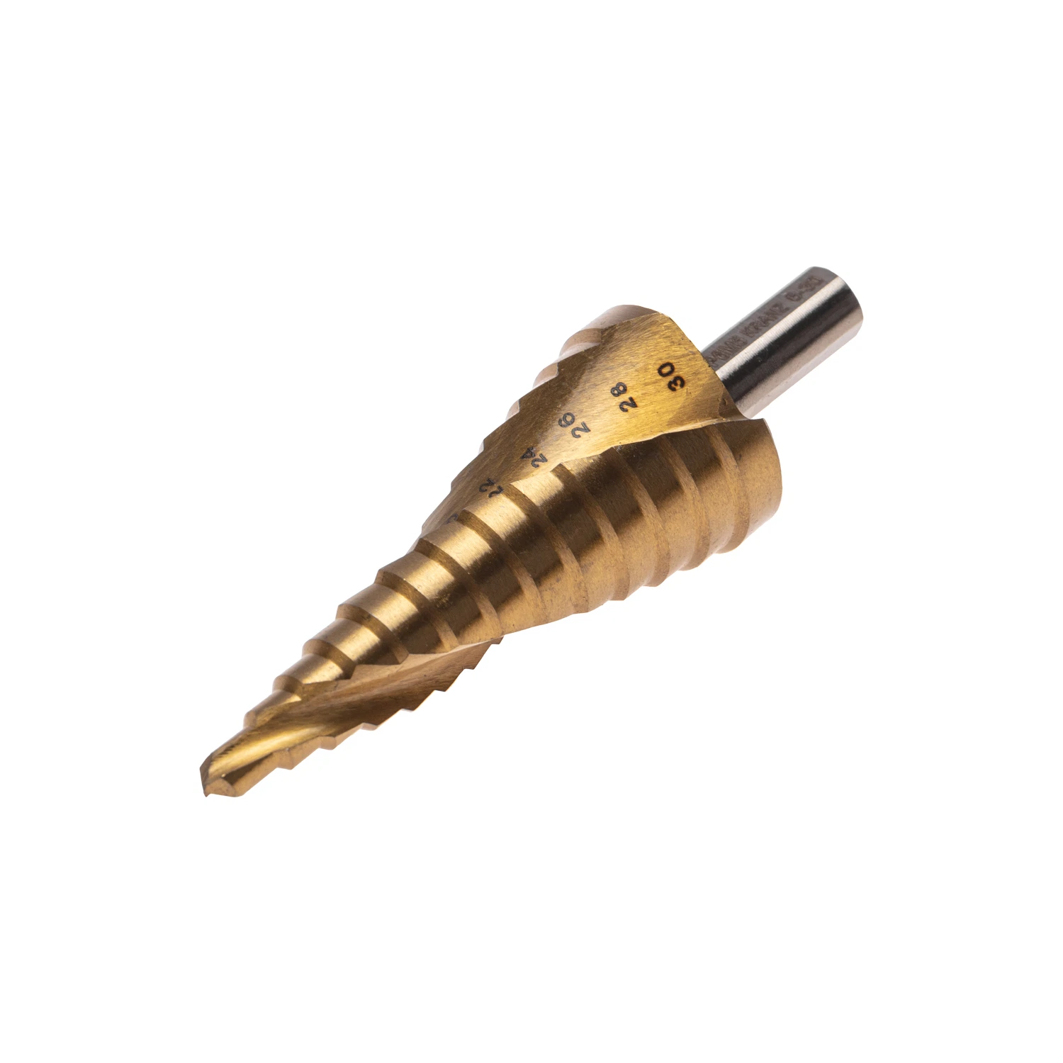 Изображение товара Сверло ступенчатое, 6-8-10-12-14-16-18-20-22-24-26-28-30мм, Р6М5, ТИТАН, трехгр.хвостовик KRANZ