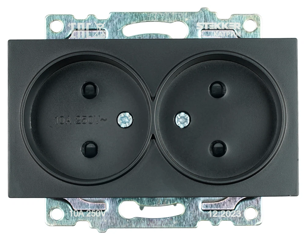 Изображение товара Розетка 2-местная б/з (механизм), STEKKER GLS10-7113-05, 250V, 10А с защитной шторкой, серия Катрин, черный