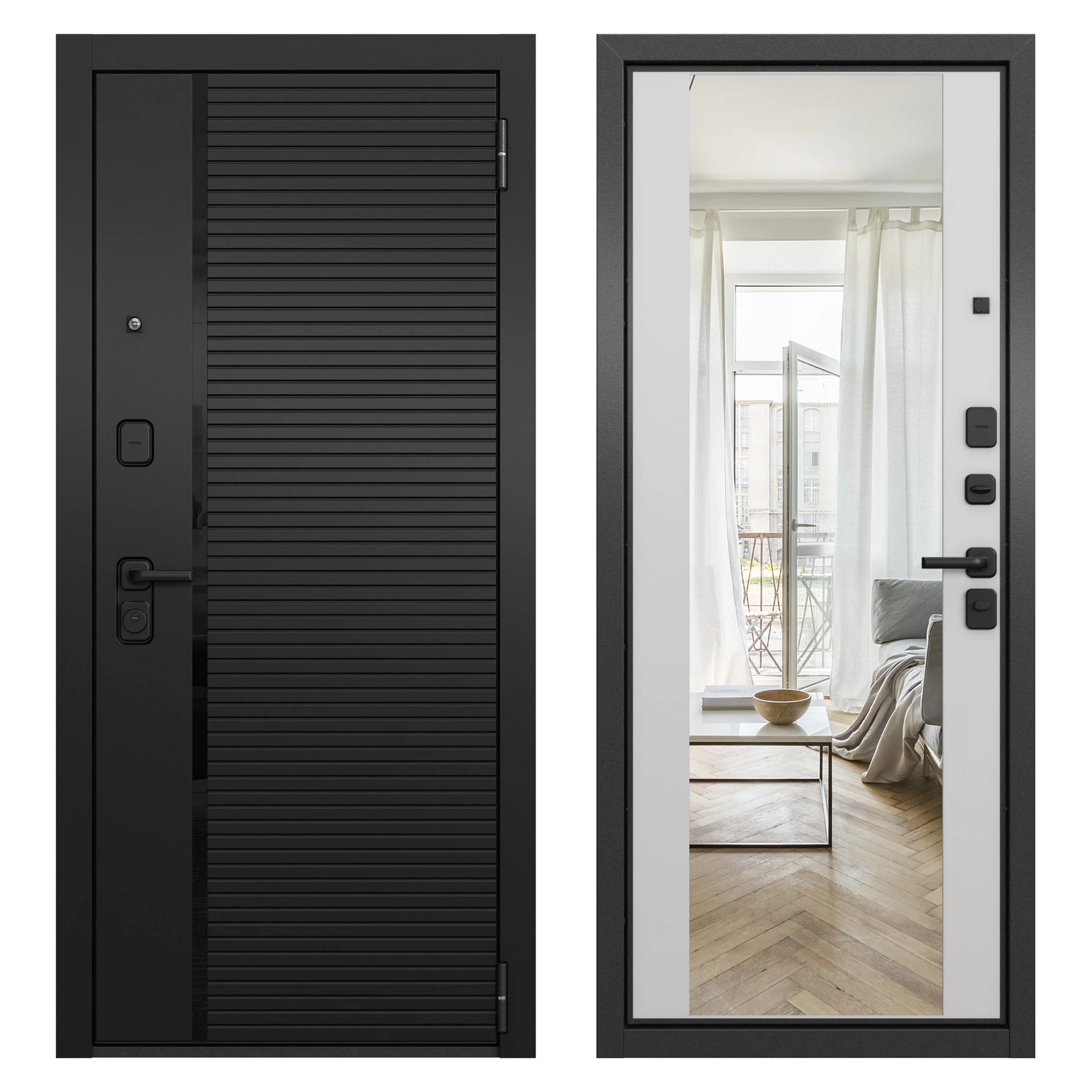 Изображение товара Дверь входная Мастино Мадрид, Правая, 860*2050, Антрацит букле, МДФ Черный матовый, Белый софт,с зеркалом