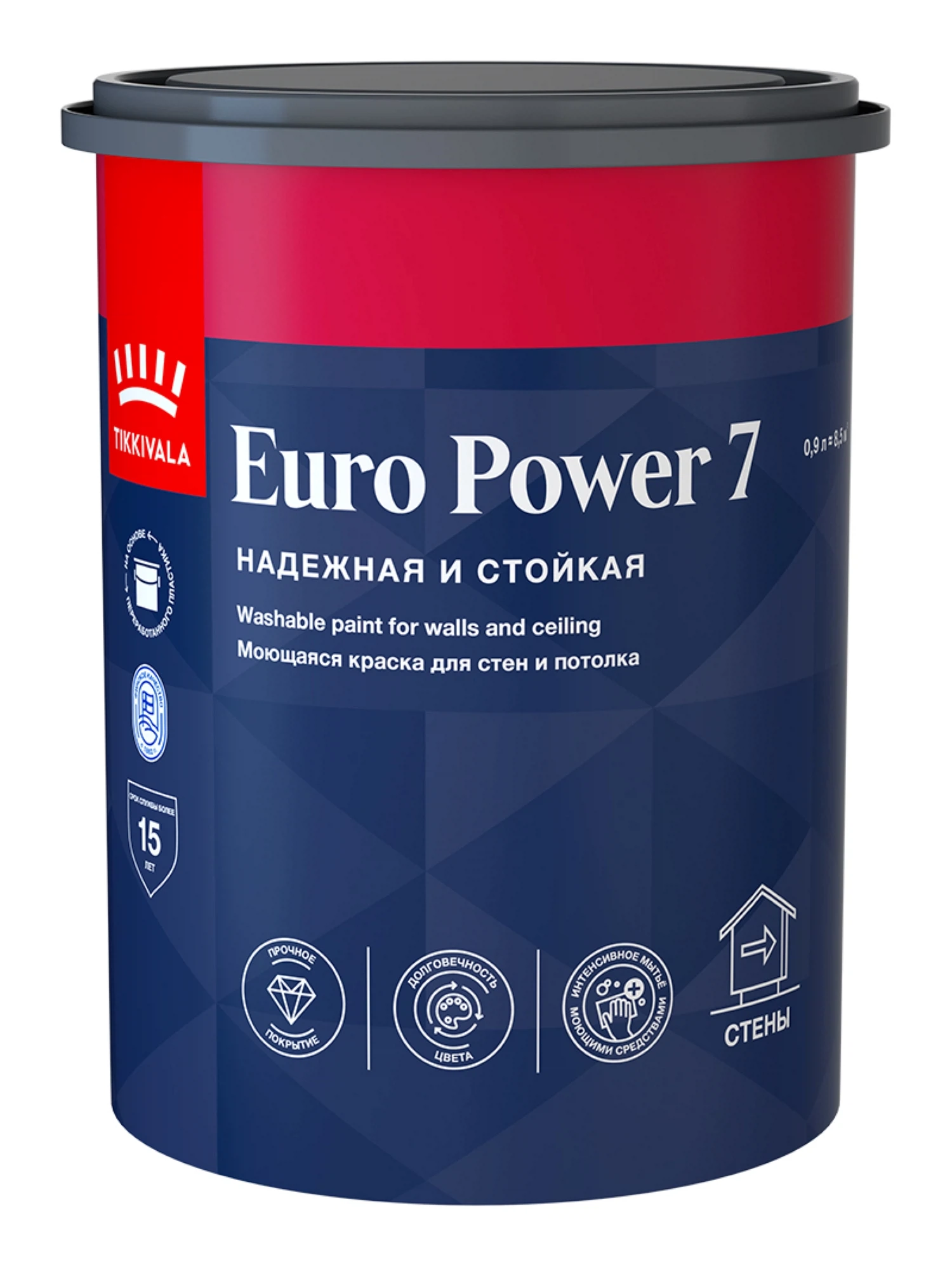 Изображение товара Краска TIKKURILA EURO POWER 7 моющаяся, для стен и потолка, матовая, база C (0,9л)