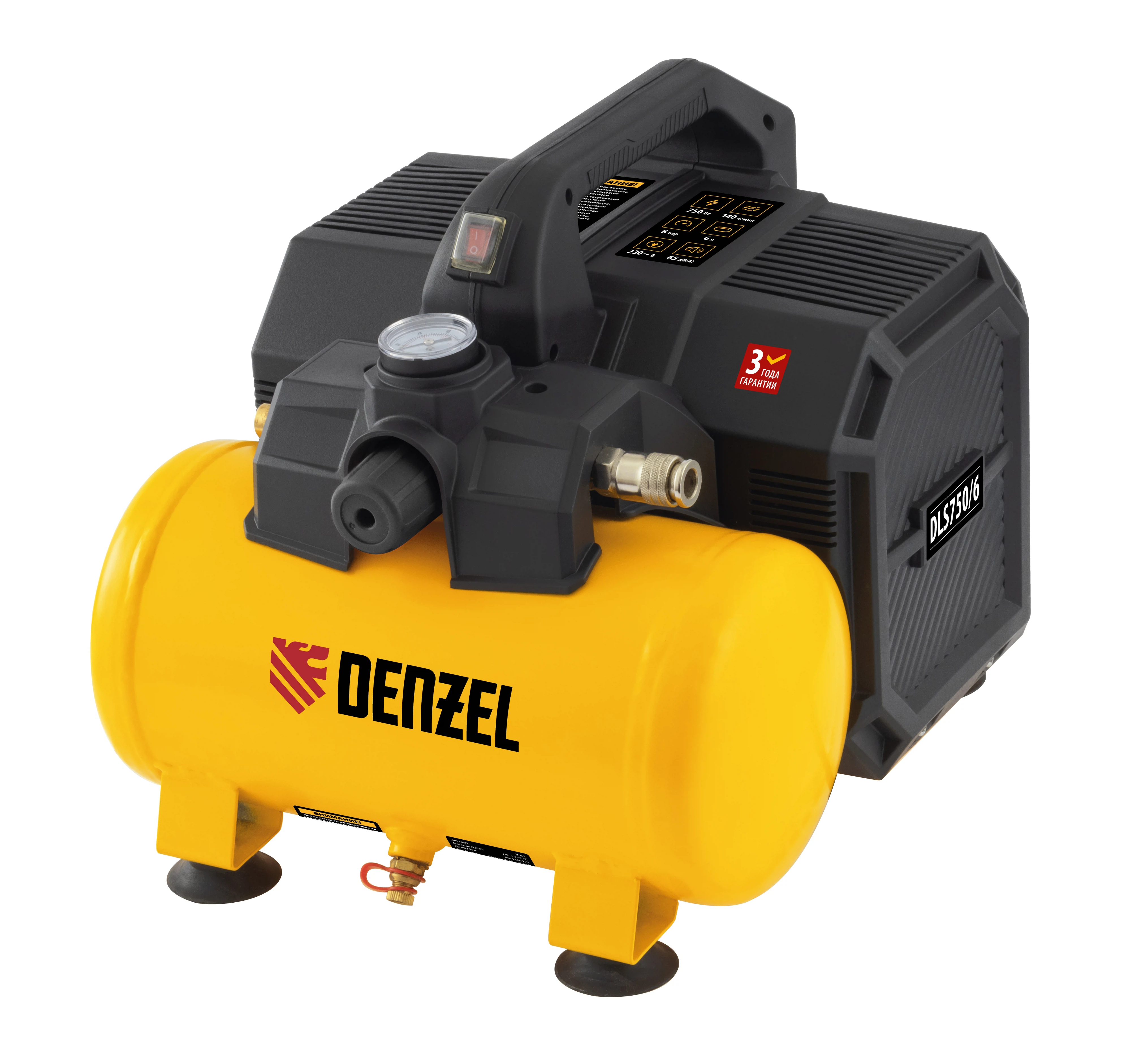 Изображение товара Безмасляный поршневой компрессор DLS750/6 от Denzel 750 Вт 140 л/мин
