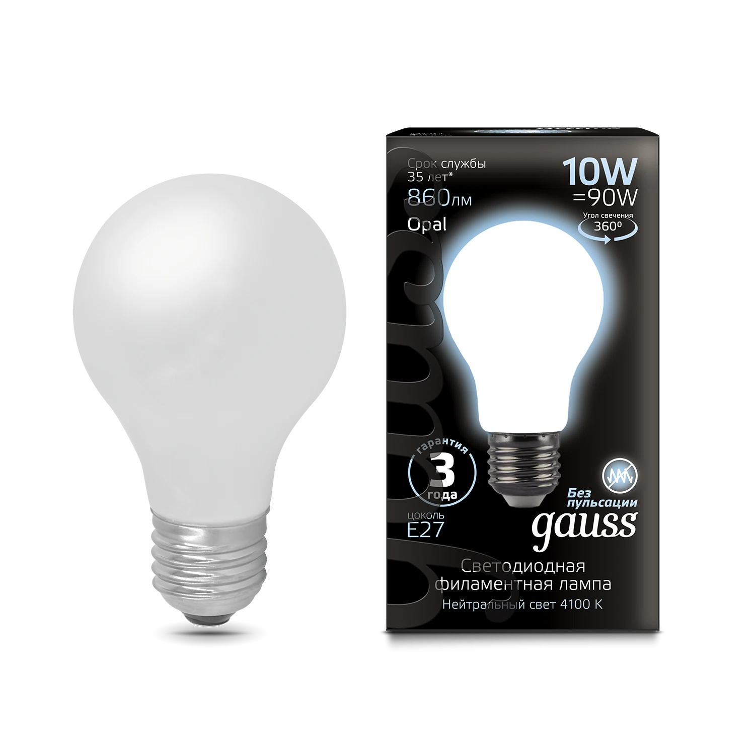 Изображение товара Лампа Gauss Filament А60 10W 860lm 4100К Е27 milky LED 1/10/40