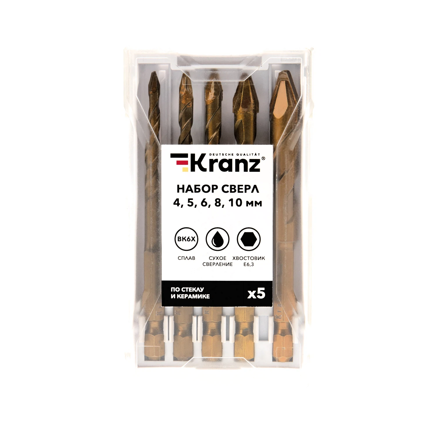 Изображение товара Набор сверл по стеклу и керамике KRANZ 4-10 мм 5 шт пластиковый кейс