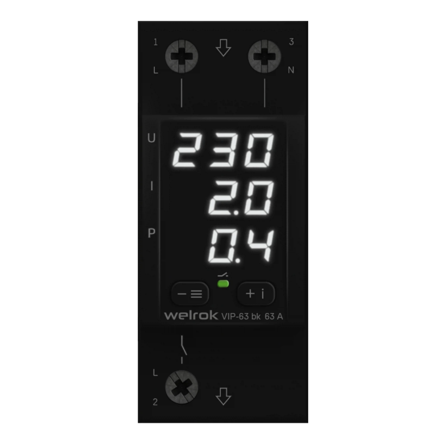 Изображение товара Реле напряжения многофункциональное Welrok VIP 63 bk 63 А (max 80 A) 13 900 ВА черный корпус
