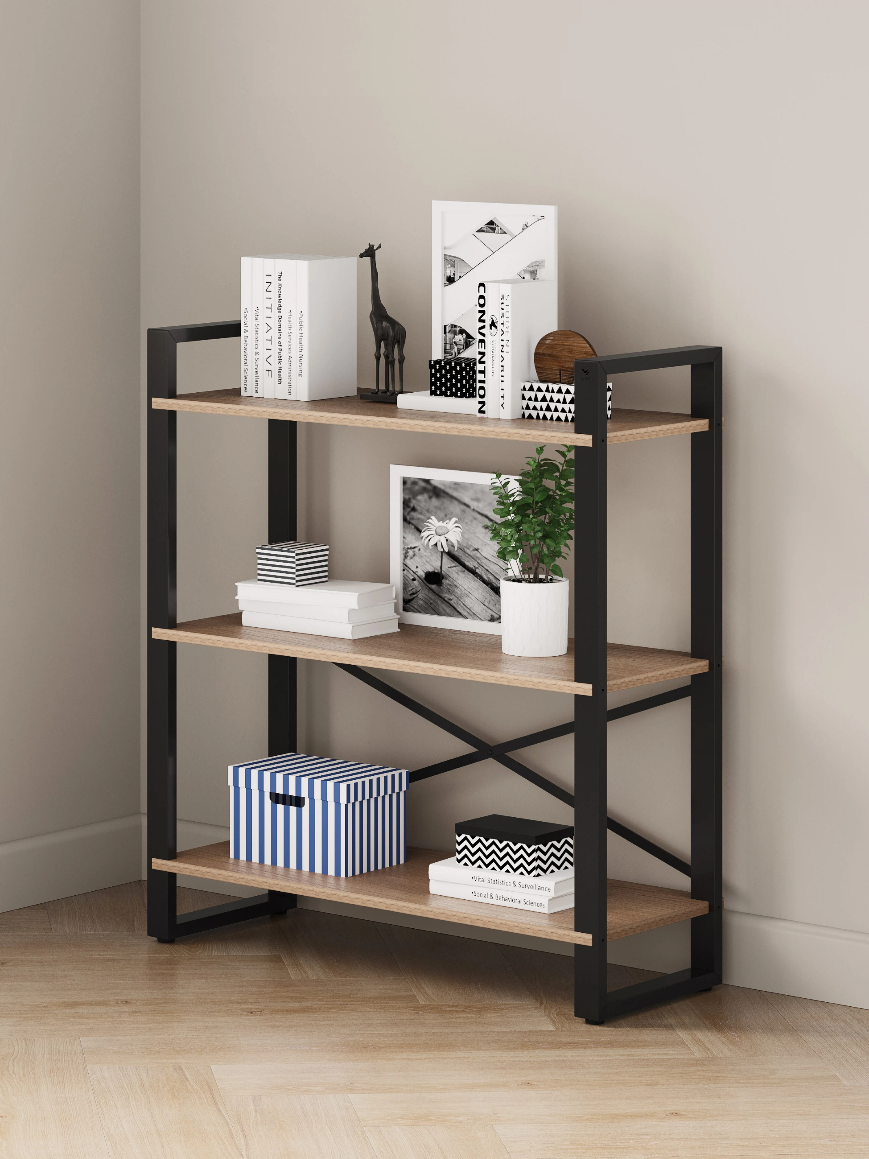 Изображение товара Стеллаж Leset 80x32x90 см Черный/Коричневый - 3 полки, металл+ЛДСП