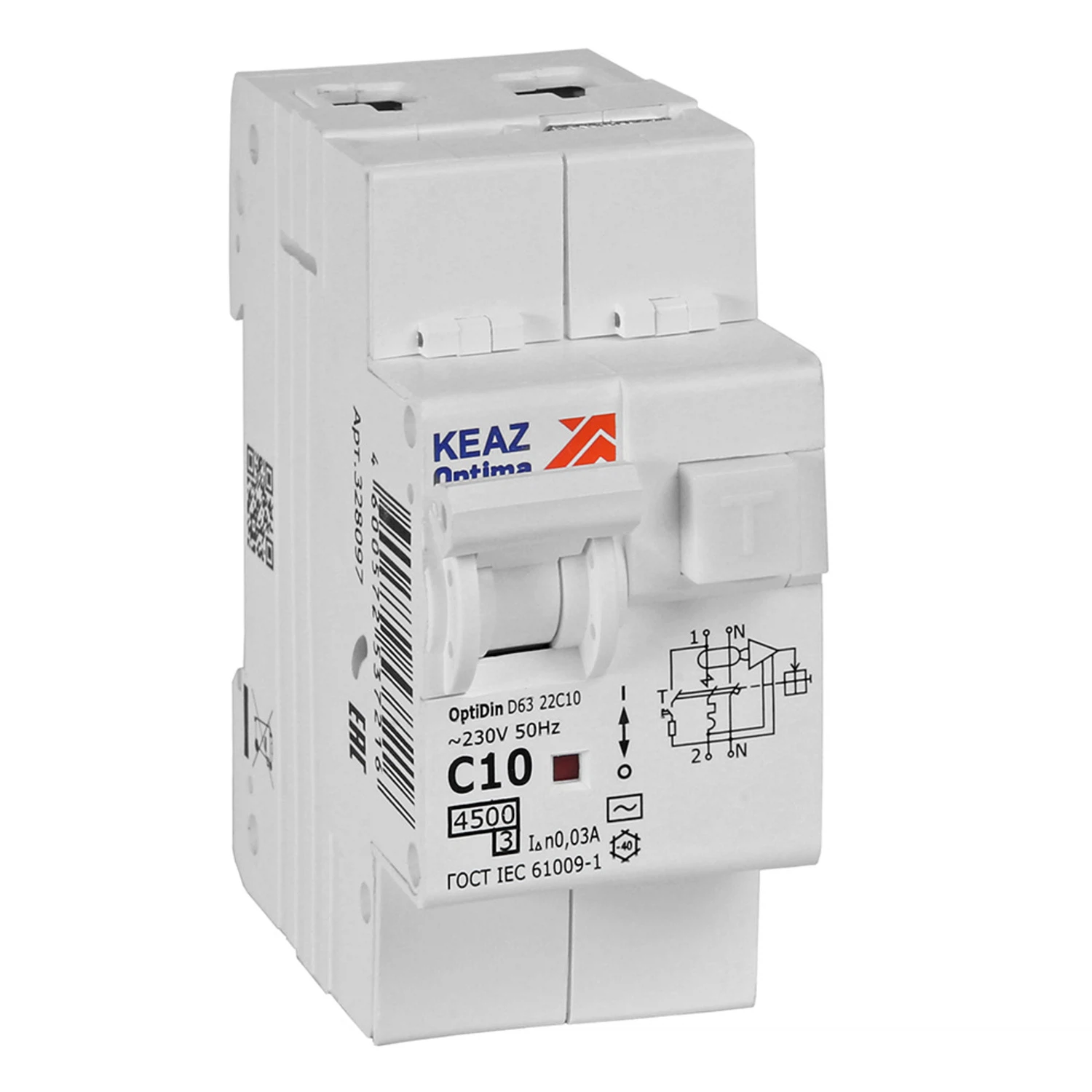 Изображение товара АВДТ с защитой от сверхтоков КЭАЗ OptiDin D63-22C10-AC-У3 (2P, C10, 30mA, 4,5кА)