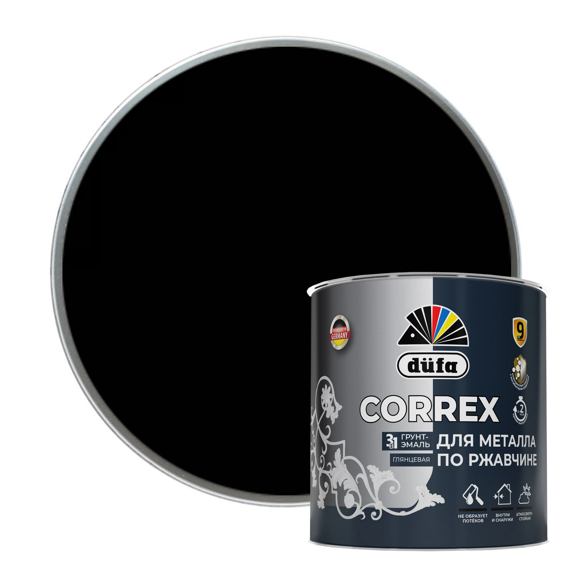 Изображение товара "Dufa" Грунт-эмаль CORREX 3 в 1 ДЛЯ МЕТАЛЛА ПО РЖАВЧИНЕ RAL-9005 черный 2л