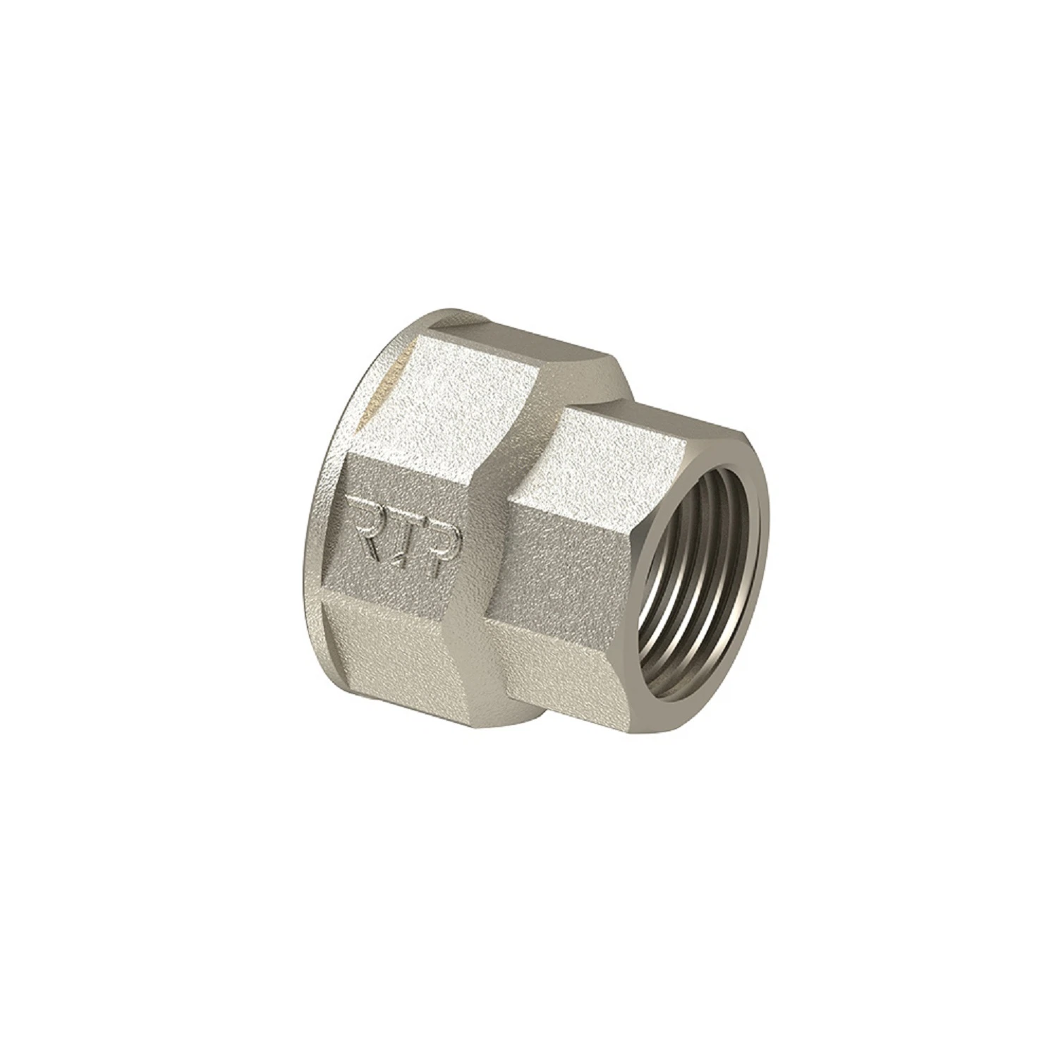 Изображение товара Муфта переходная, латунь, внутренняя резьба 3/4"х1/2", индивидуальная упаковка, никель, RTP