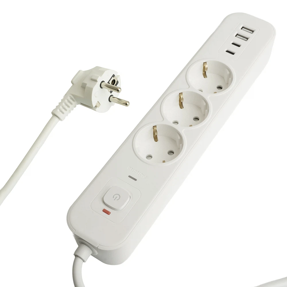 Изображение товара Сетевой фильтр 3-местный с/з STEKKER 3x1мм2, 3 м, 250В, 16А, 2 USB-A+2 Type-C 3, серия Nova, белый
