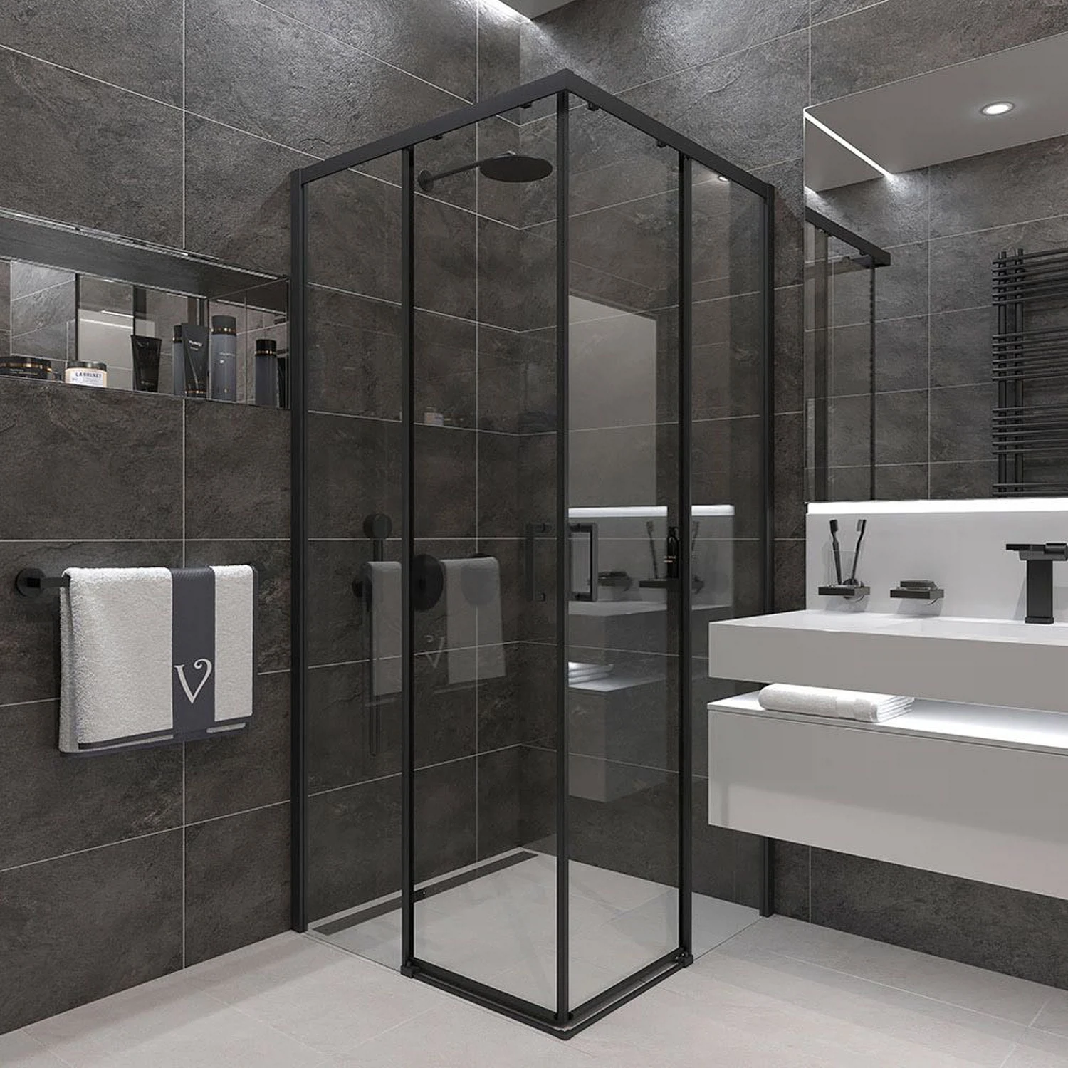 Изображение товара Душевой уголок Veconi Rovigo RV47B-80-01-C4 80х195 см профиль матовый черный, стекло прозрачное