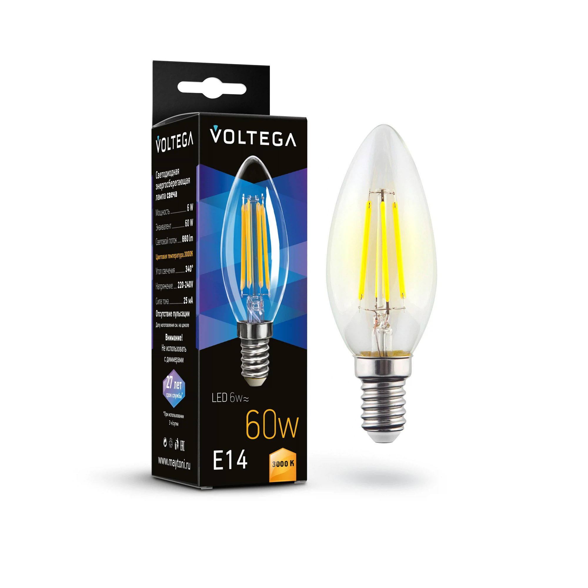 Изображение товара Светодиодная лампа VOLTEGA Crystal Candle 6W 3000K E14 теплый свет