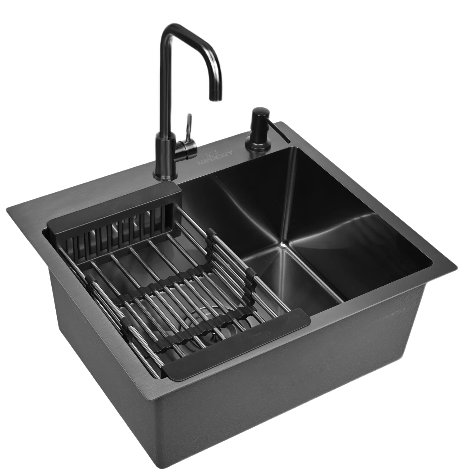 Изображение товара Мойка для кухни нержавеющая 50х44, с PVD покрытием графит. Смеситель, сифон с ведерком, дозатор, коландер. WS35044B/W02-114B/W405B/W302644B/W4998-4-U