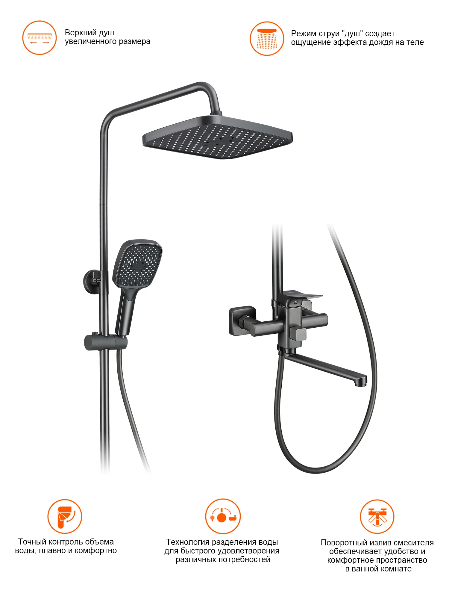 Изображение товара Душевая система Prohanss P62.24.09 с тропическим душем, графит, современный дизайн
