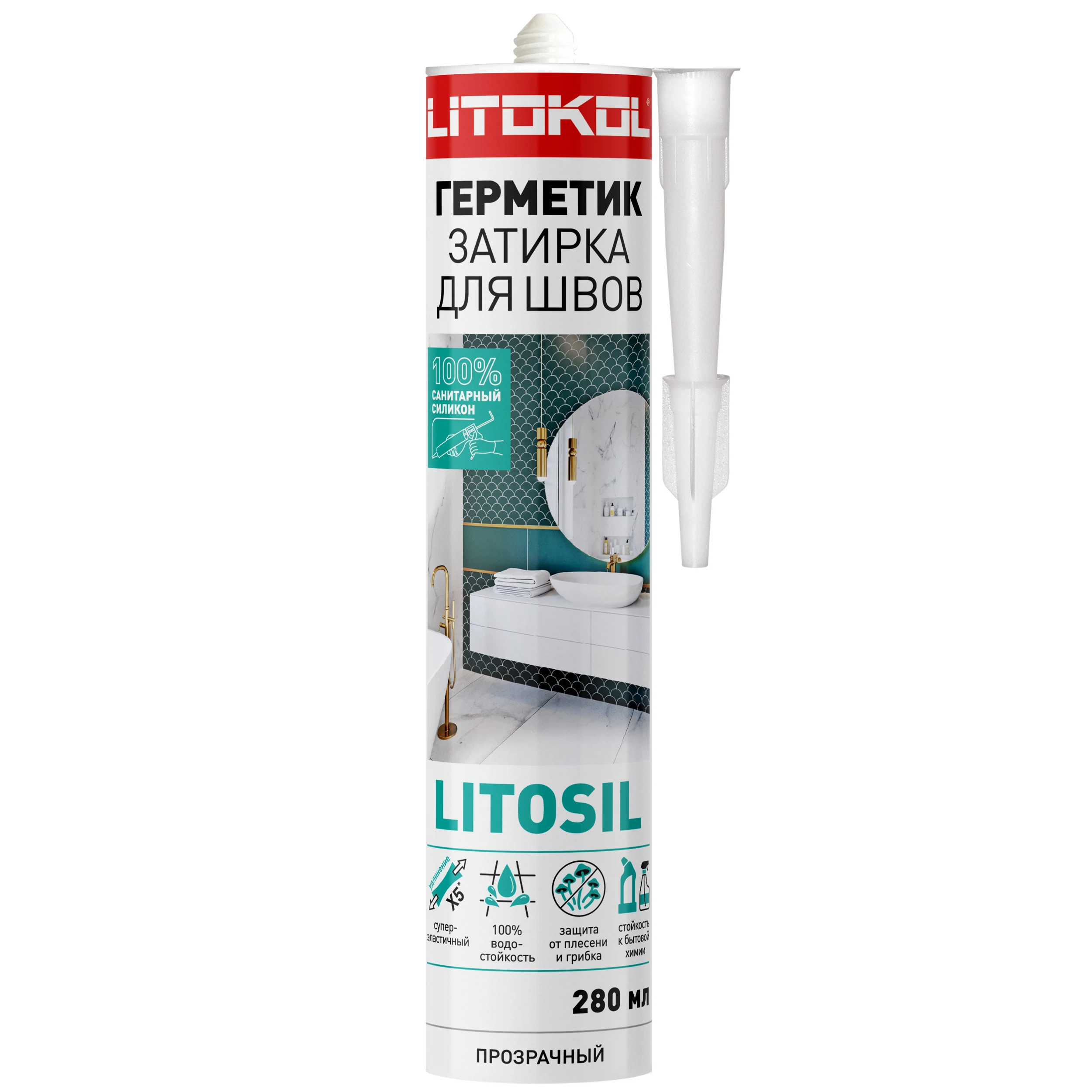Изображение товара Прозрачный силиконовый герметик-затирка LITOSIL для влажных помещений 280 мл