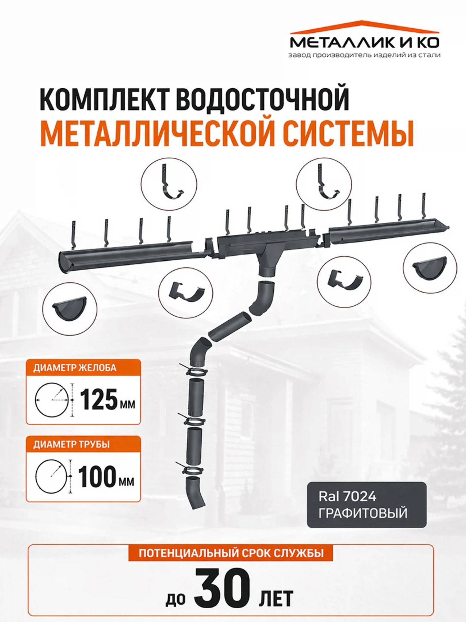 Изображение товара Комплект водостока 125/100 (6 х 3)м серый графит (RAL 7024) Изображение товара Комплект водостока 125/100 (6 х 3)м серый графит (RAL 7024)
