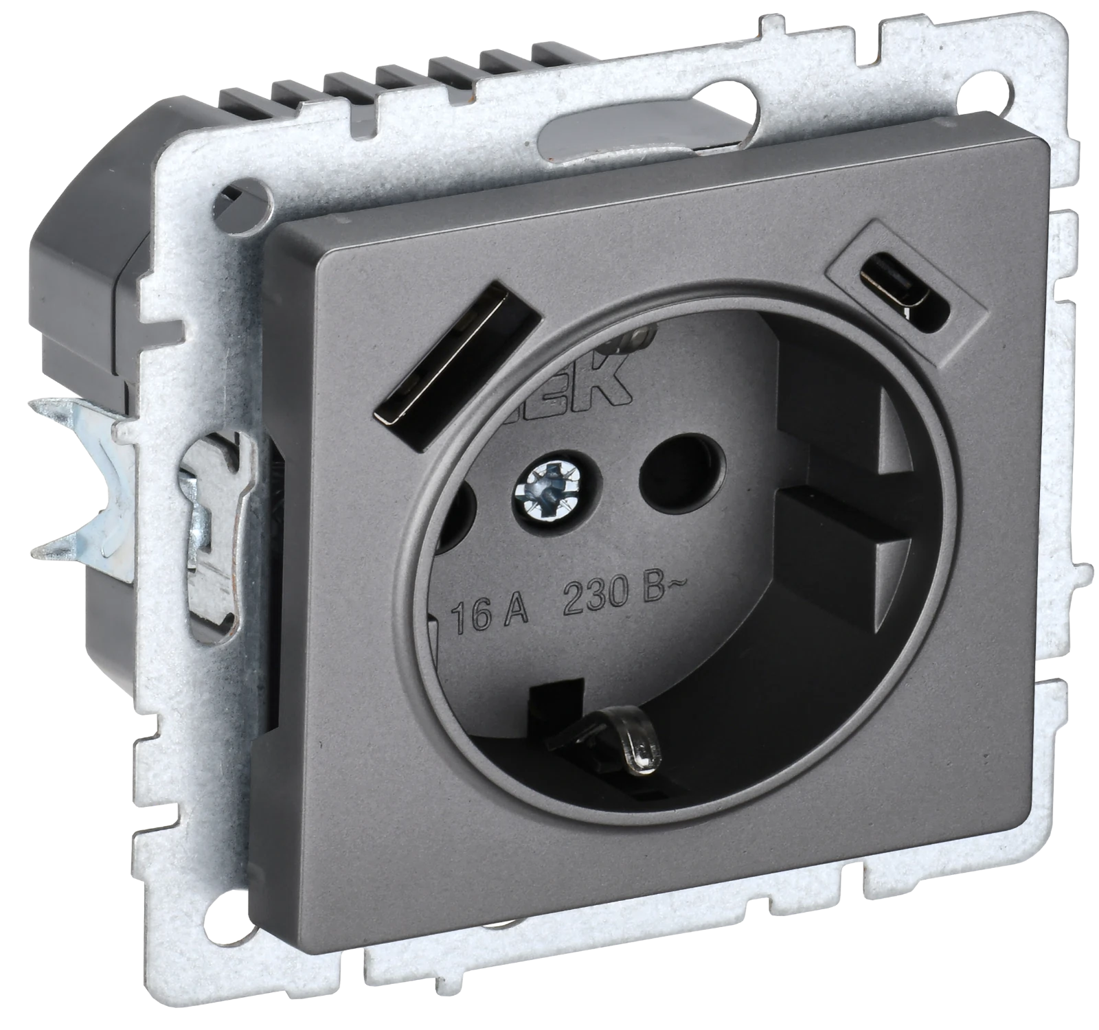 Изображение товара Розетка с з/к/ш IEK BRITE BASE Сталь 16А с USB A+C 18Вт РЮш11-1-БрС.