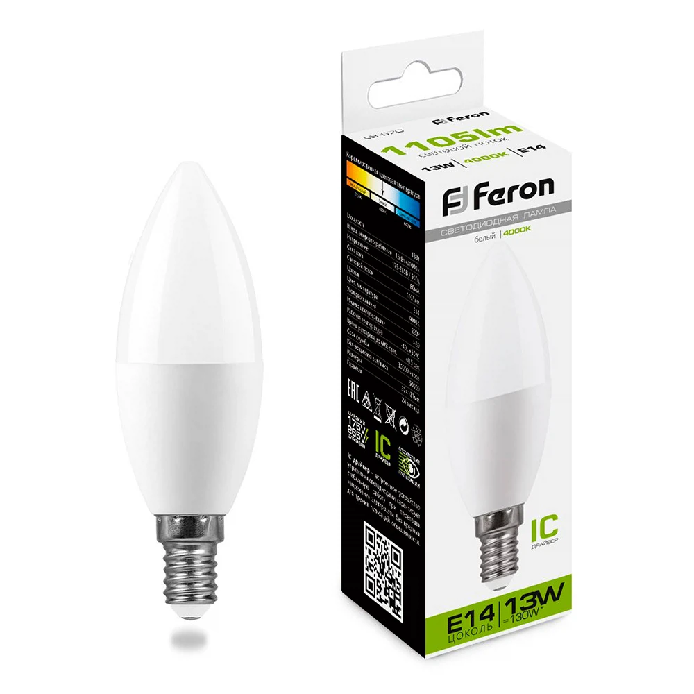 Изображение товара Светодиодная лампа Feron LB-970 свеча 13W нейтральный свет E14
