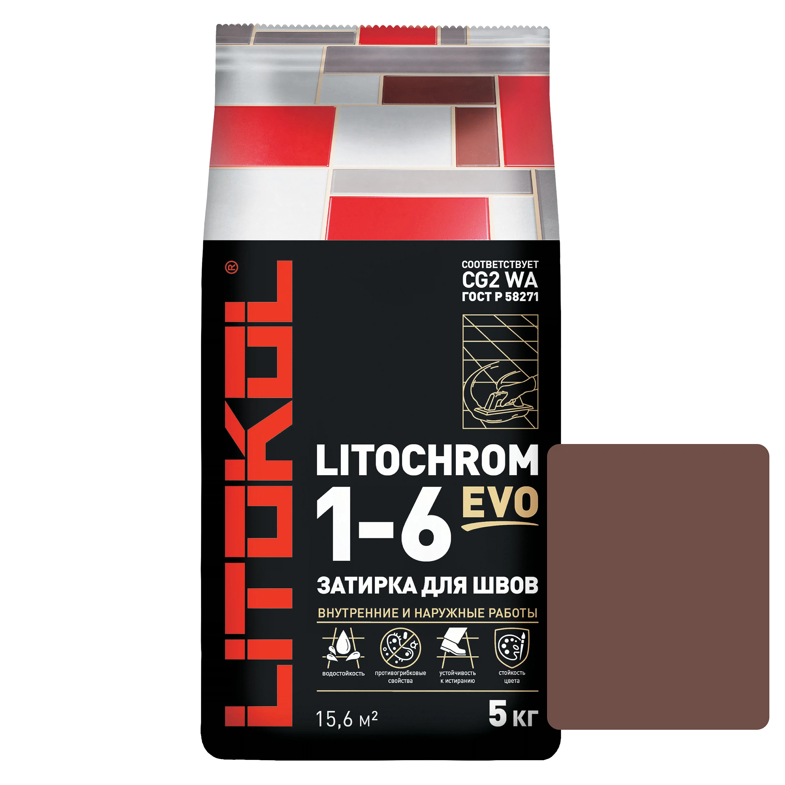 Изображение товара Цементная затирка LITOKOL LITOCHROM 1-6 EVO LE Венге, 5 кг, для швов 1-6 мм