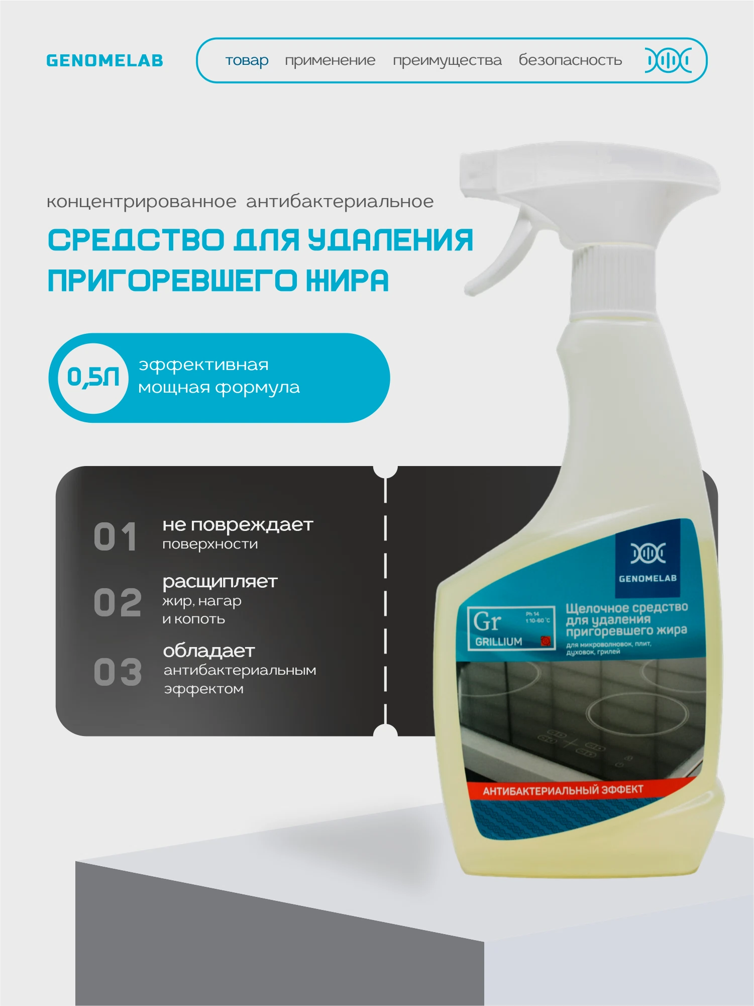 Изображение товара Профессиональное чистящее средство для кухни Grillium GenomeLab, средство-жироудалитель, 500 мл