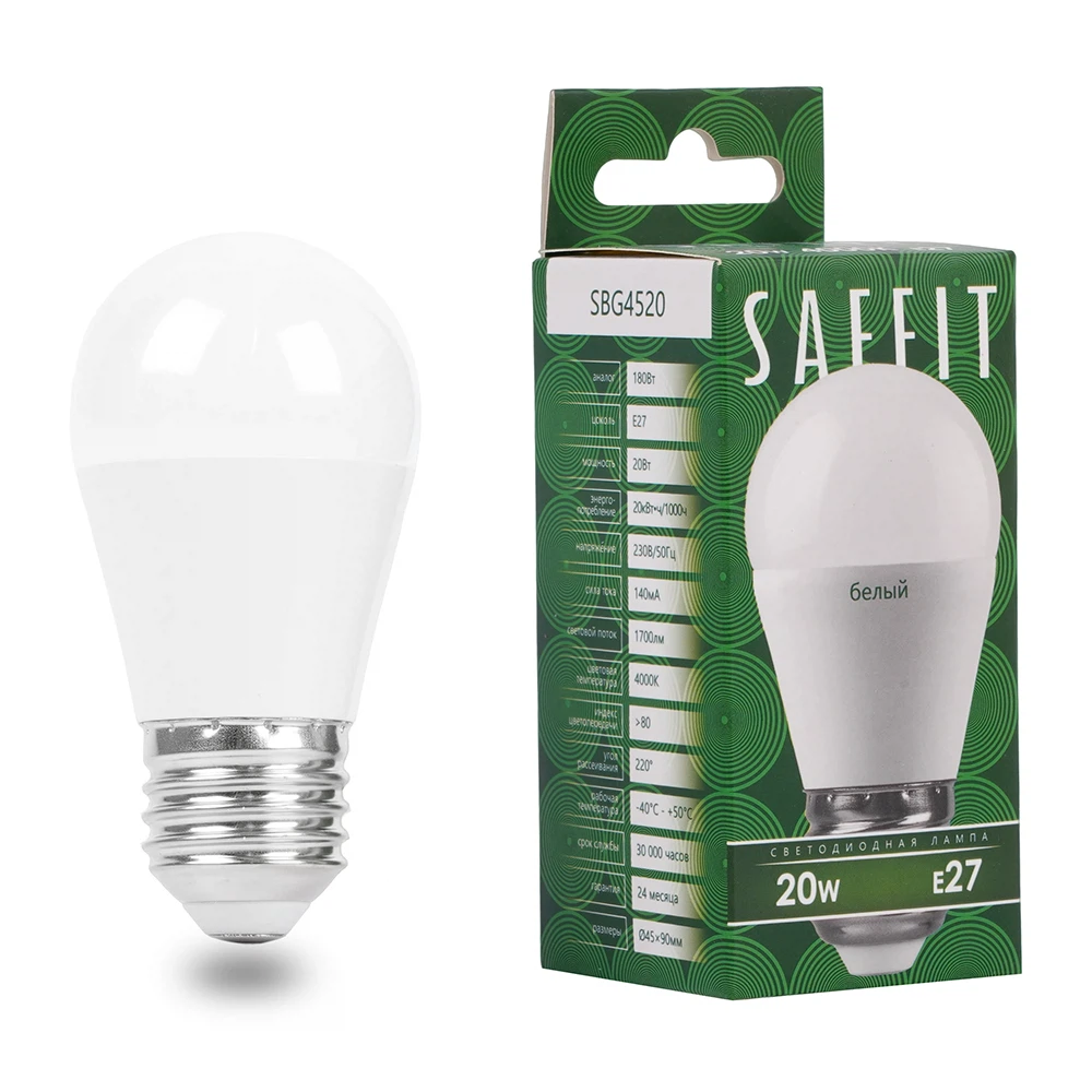 Изображение товара Лампа светодиодная SAFFIT SBG4520 Шарик E27 20W 230V 4000K Изображение товара Лампа светодиодная SAFFIT SBG4520 Шарик E27 20W 230V 4000K