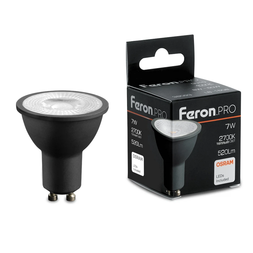 Изображение товара Лампа светодиодная Feron.PRO LB-1607 GU10 7W 175-265V 2700K в черном корпусе Изображение товара Лампа светодиодная Feron.PRO LB-1607 GU10 7W 175-265V 2700K в черном корпусе