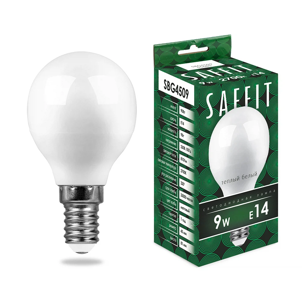 Изображение товара Лампа светодиодная SAFFIT SBG4509 Шарик E14 9W 230V 2700K Изображение товара Лампа светодиодная SAFFIT SBG4509 Шарик E14 9W 230V 2700K