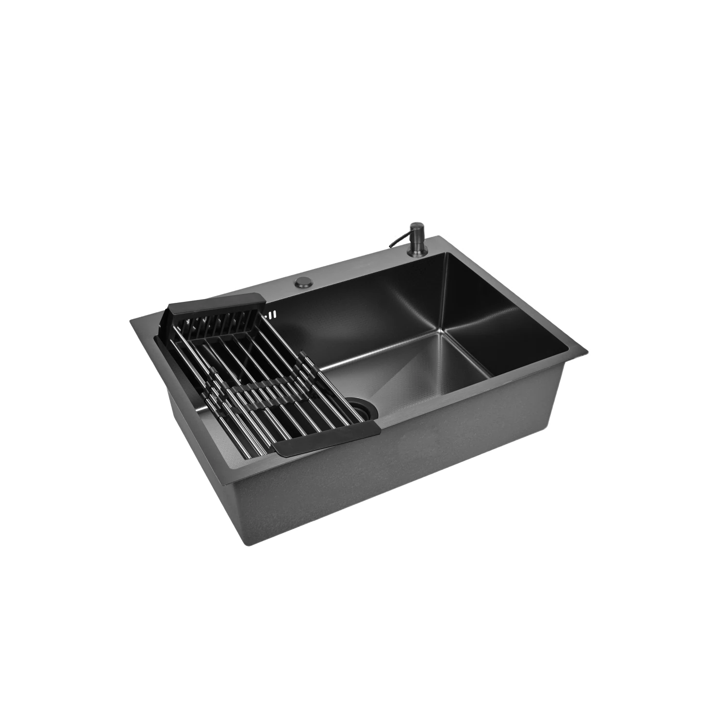 Изображение товара Мойка для кухни нержавеющая 70х50, рифленая, с PVD покрытием графит. Сифон с ситечком, дозатор, коландер. WS37050BD/WGER019B/W405B/W302644B