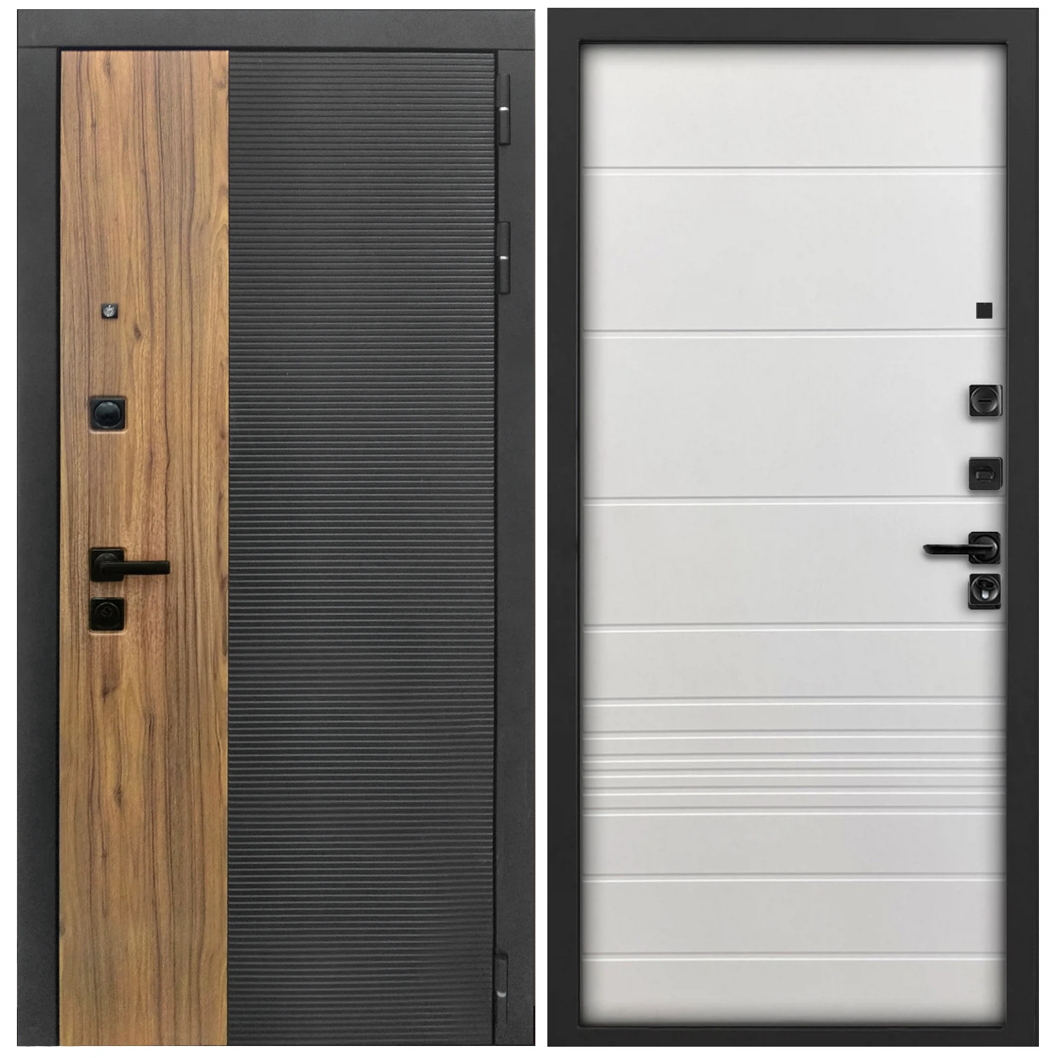 Изображение товара Дверь входная для квартиры L-46 960x2050 черн.кварц+орех коньяк, правая, белая внутри