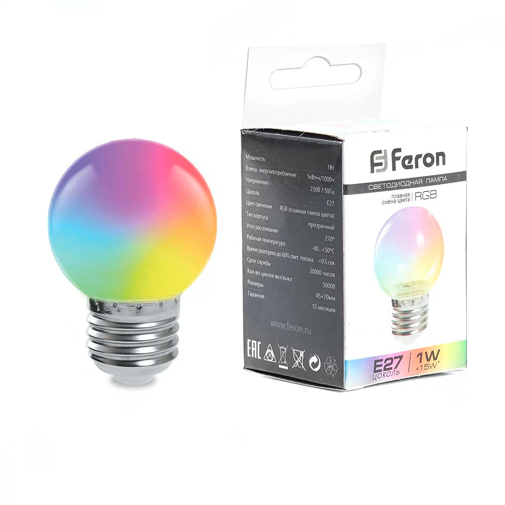 Изображение товара Лампа светодиодная Feron LB-37 Шарик матовый E27 1W 230V RGB быстрая смена цвета Изображение товара Лампа светодиодная Feron LB-37 Шарик матовый E27 1W 230V RGB быстрая смена цвета