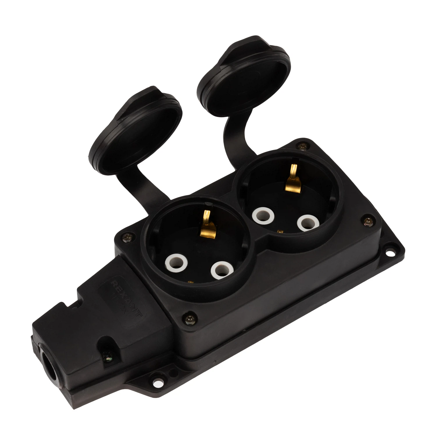 Изображение товара Розетка (колодка) влагозащищенная с крышкой 2 гнезда COMPACT, с/з, 16А, IP54, каучук, черная REXANT