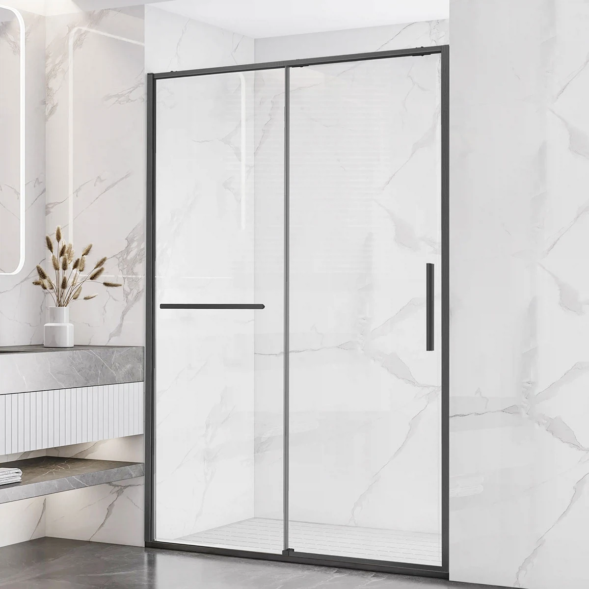 Изображение товара Душевая дверь Слим Софт (Slim Soft) VDS-1SS130CLGM, 1300, вороненая сталь, стекло прозрачное