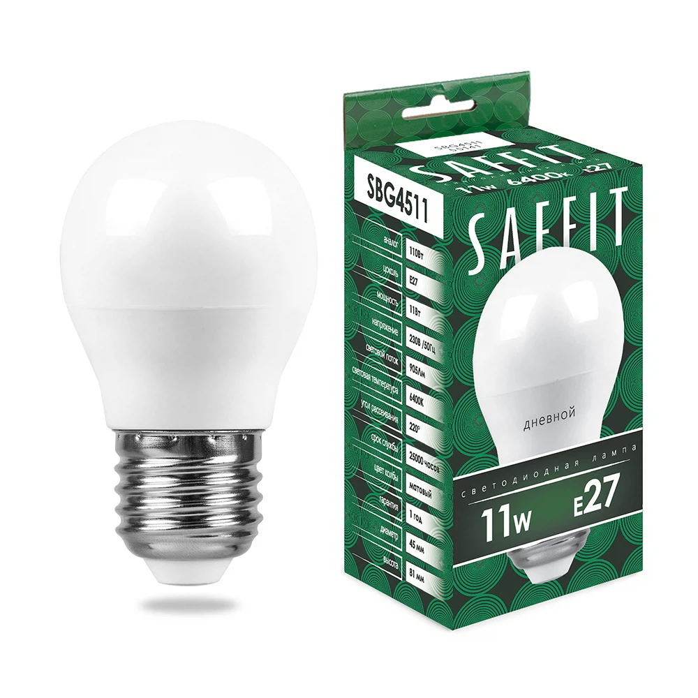 Изображение товара Светодиодная лампа SAFFIT SBG4511 шар 11W холодный свет E27