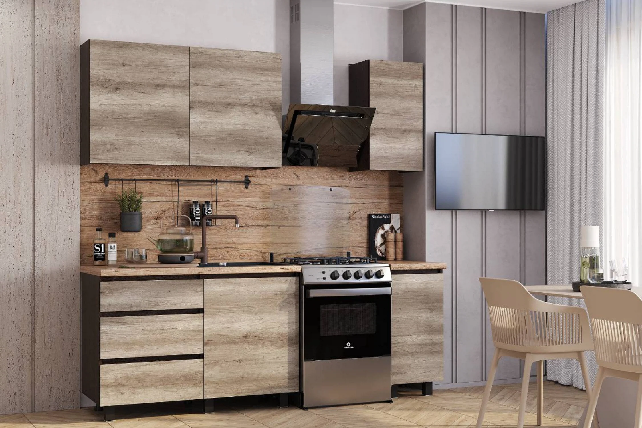 Изображение товара Готовая кухня Энигма, БТС Мебель, артикул 00-00164506, размер 60*160*217.8, Дуб каньон, венге