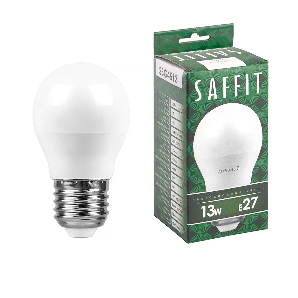 Изображение товара Лампа светодиодная SAFFIT SBG4513 Шарик E27 13W 230V 6400K Изображение товара Лампа светодиодная SAFFIT SBG4513 Шарик E27 13W 230V 6400K