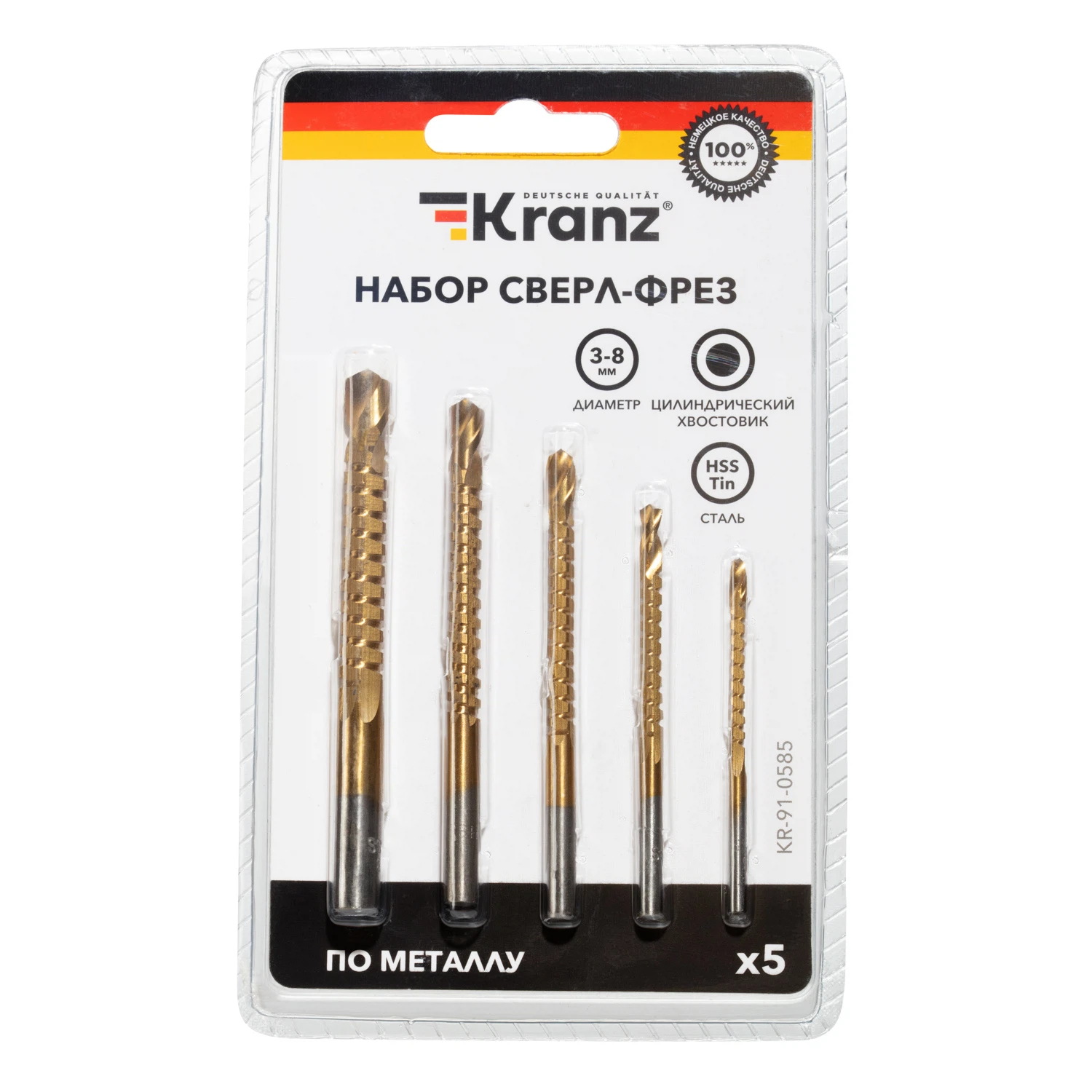 Изображение товара Набор cверл-фрез по металлу 3-4-5-6-8мм, HSS, ТИТАН, цилиндрический хвостовик, 5 шт. KRANZ