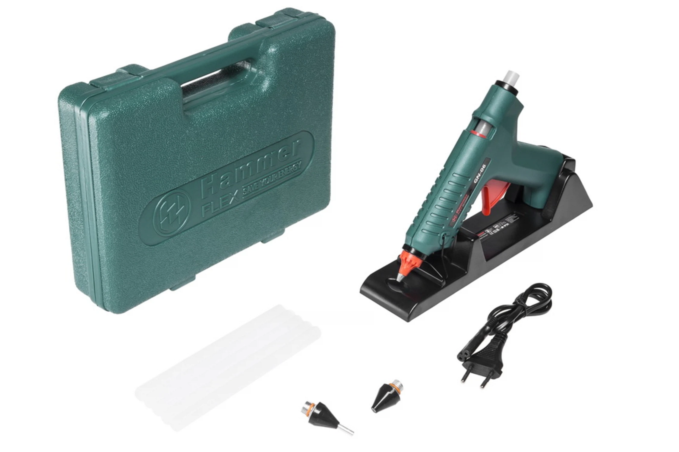 Изображение товара Клеевой пистолет Hammer Flex GN-06 80 Вт, 22 г/мин, кейс, 2 стержня