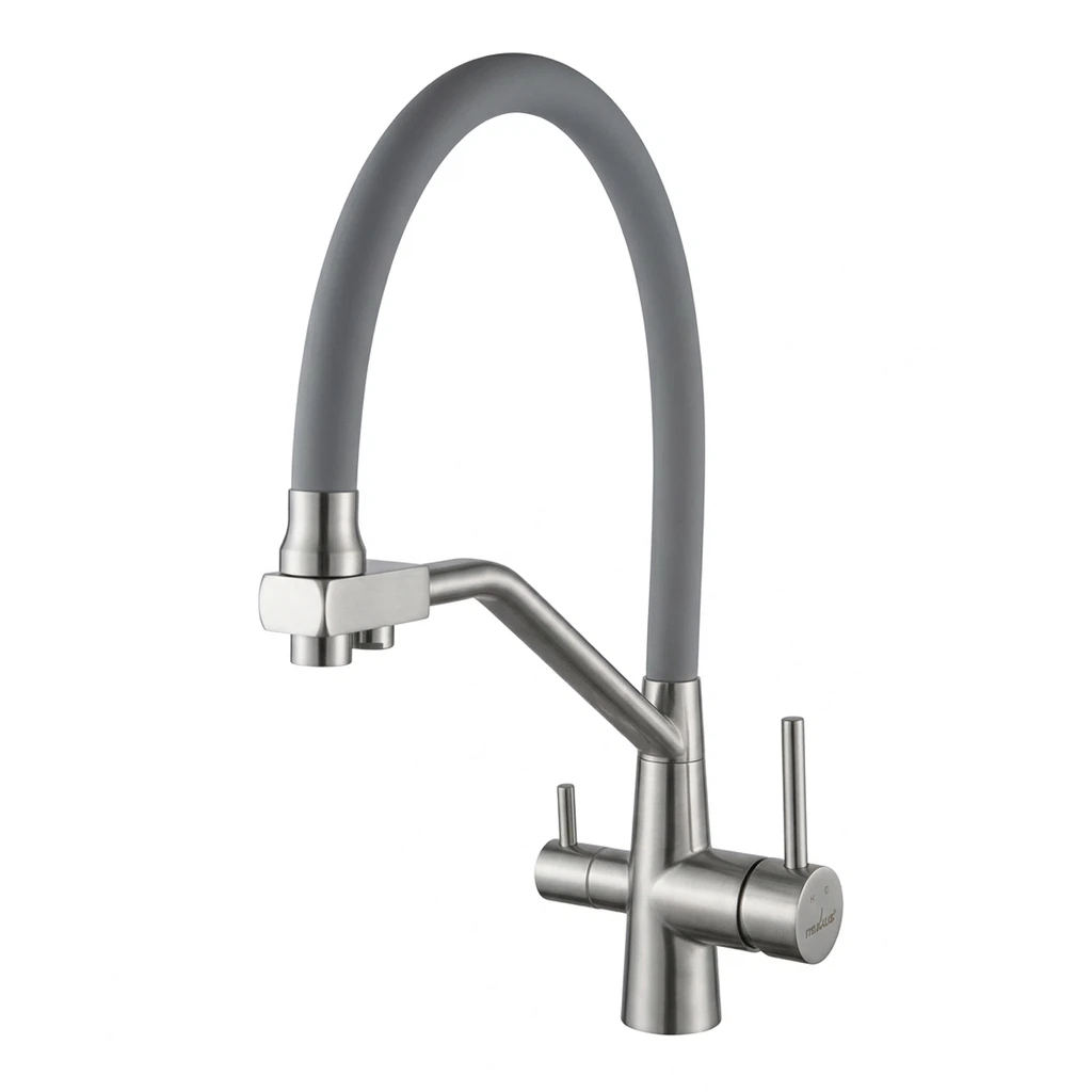 Изображение товара Смеситель для кухни 35k MIXLINE МЛНС-0404 (MLSS-0404) серый гиб.излив,подкл.к фильтру, п/гайку САТИН