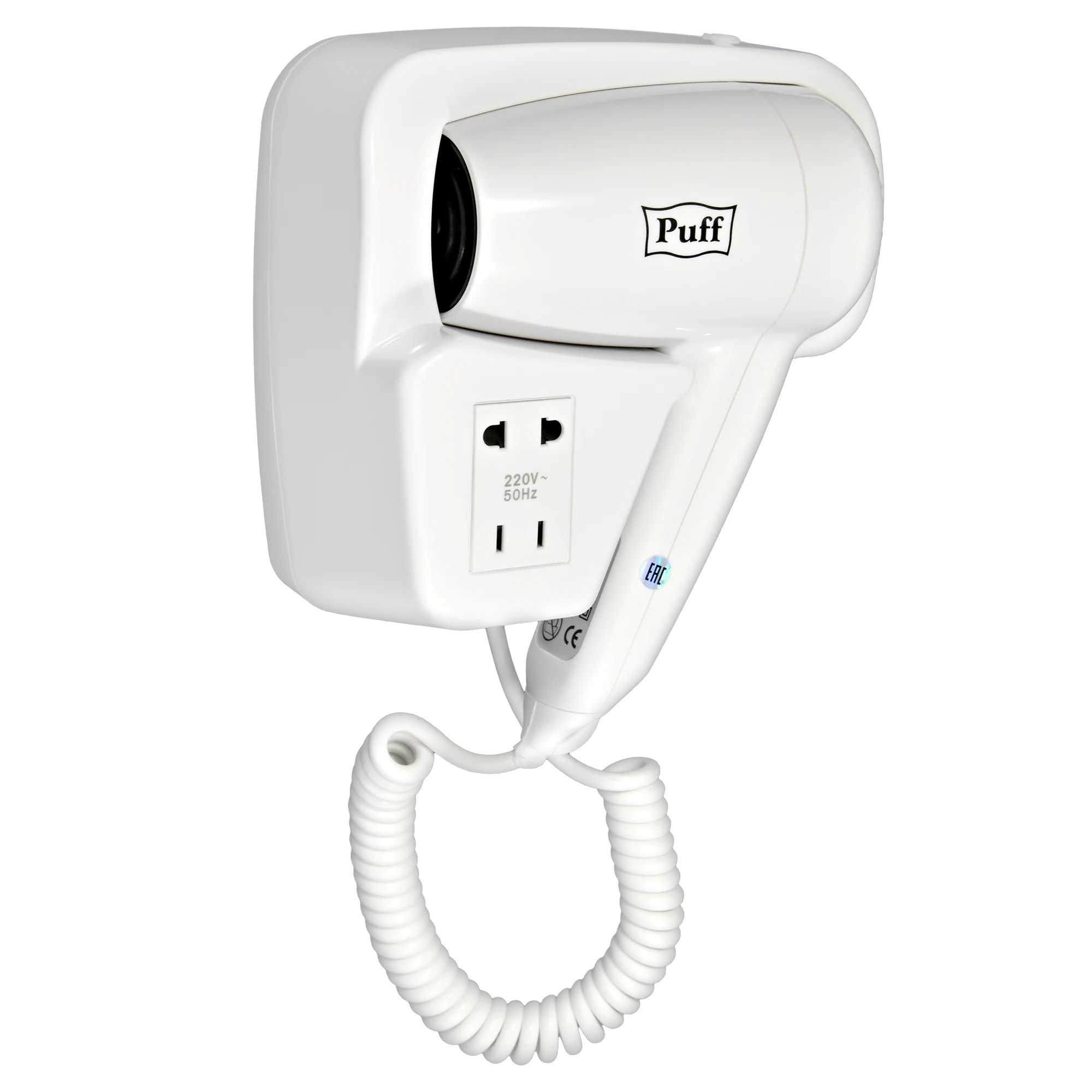 Изображение товара Настенный фен для волос Puff-1200B с дополнительной розеткой белый 1,2 кВт
