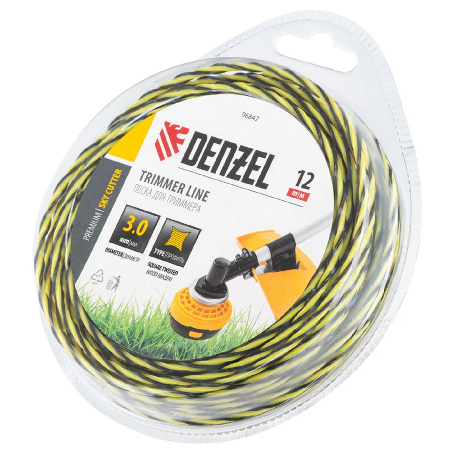 Изображение товара Леска для триммера двухкомпонентная витая квадратная, 3ммх12м, блистер SkyCutter, Denzel 96842