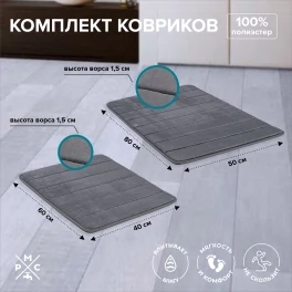 Комплект ковриков для ванной комнаты РМС KR 80*50см.. серый однотонный, полиэстер, РМСКК-01ТС