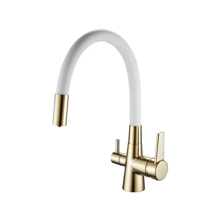 Изображение товара Смеситель для кухни с гибким изливом и подключением фильтра Shevanik S668E, золото/белый