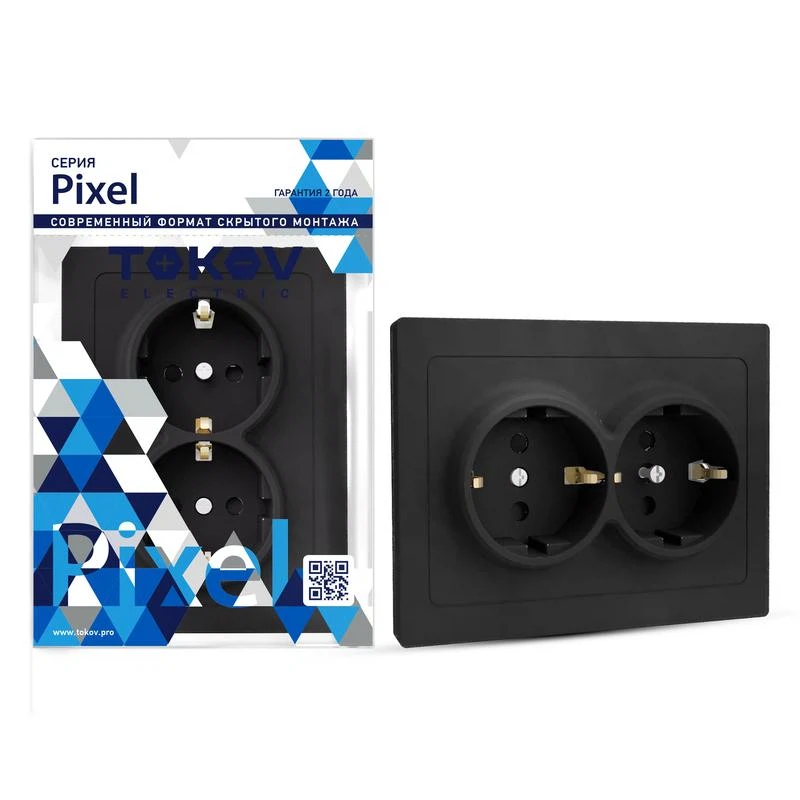 Изображение товара Розетка 2-м СП Pixel 16А IP20 с заземл. защ. шторки в сборе карб.