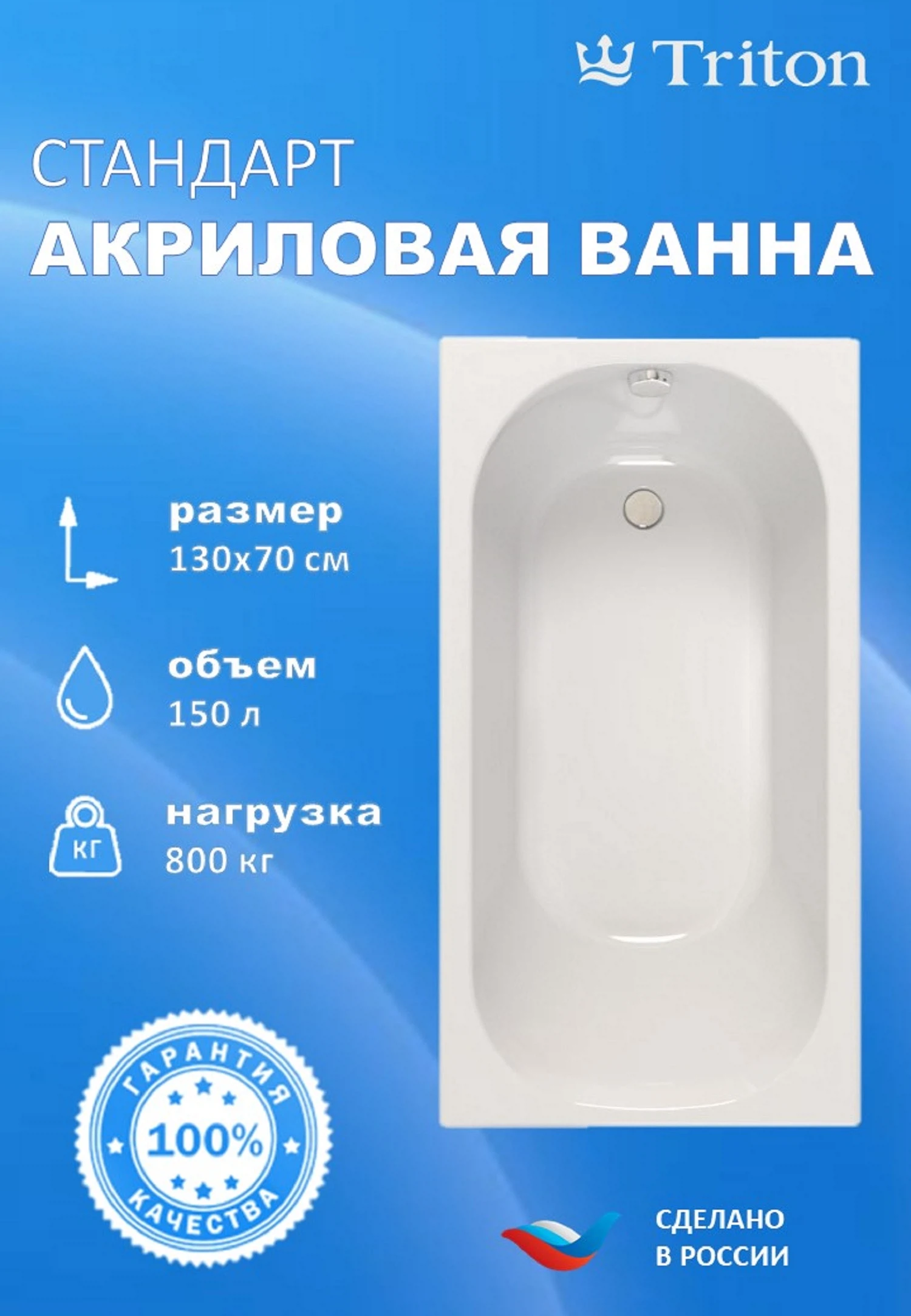 Изображение товара Акриловая прямоугольная ванна Тритон Стандарт 130x70, надежная и стильная ванна для современной ван