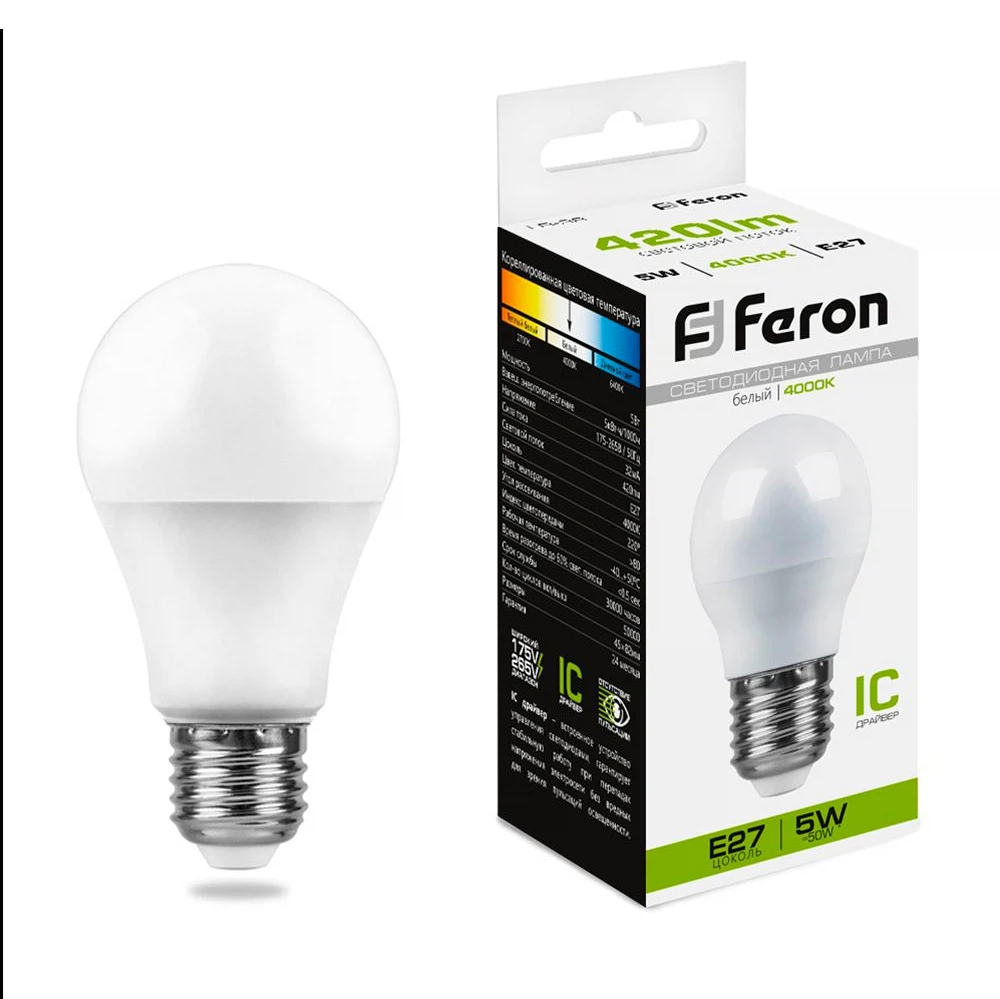 Изображение товара Лампа светодиодная Feron LB-38 Шарик E27 5W 175-265V 4000K