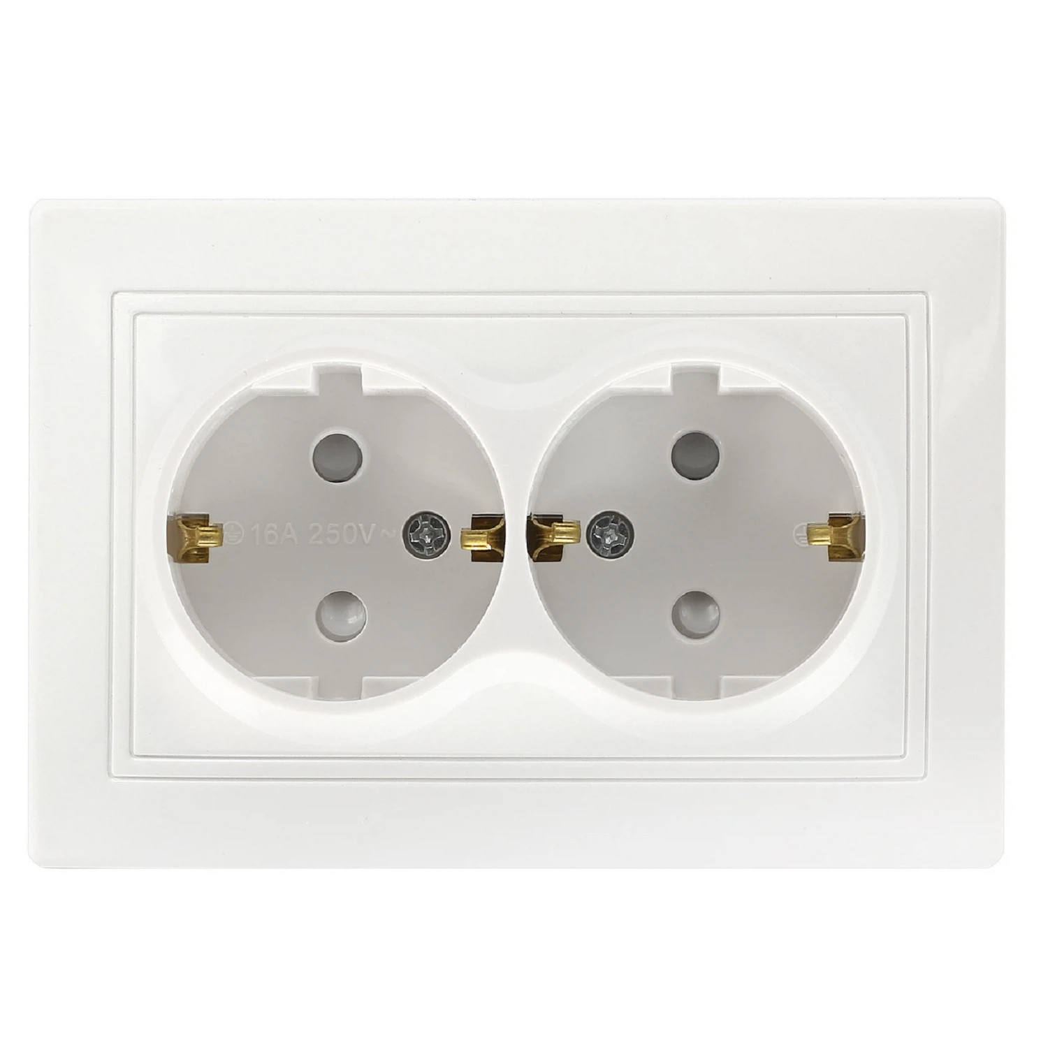 Изображение товара Розетка 2-местная с заземлением 16А белая с защитными шторками Венера